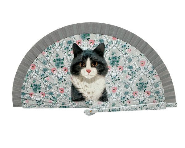 Abanico Gatito Flores Gris