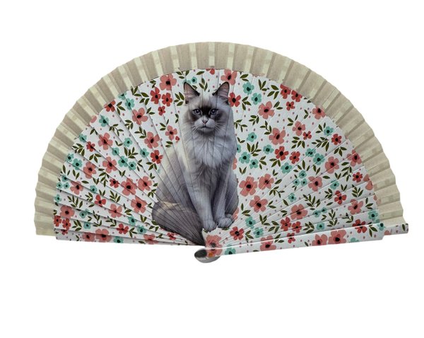 Abanico Gatito Flores Naranjas
