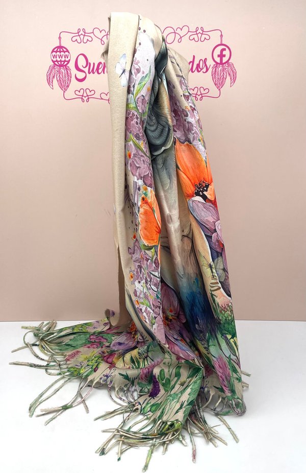 Pañuelo con Flecos Perrito con Flores