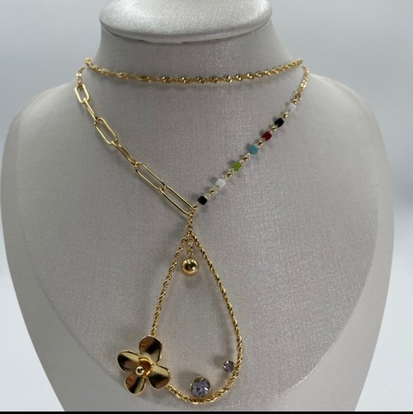 Collar Acero con Piedras y Flor Dorado