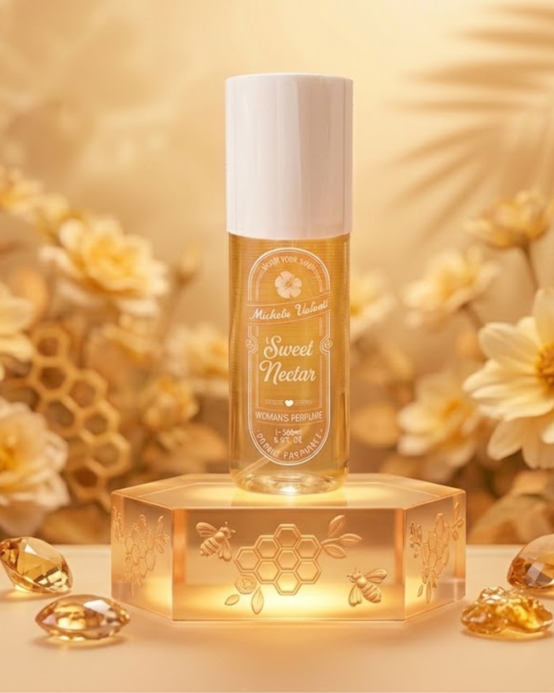 Bruma corporal perfumada Sweet Nectar de Michela Valenti de 250ml sobre soporte dorado con detalles de panal, flores y fondo cálido iluminado.
