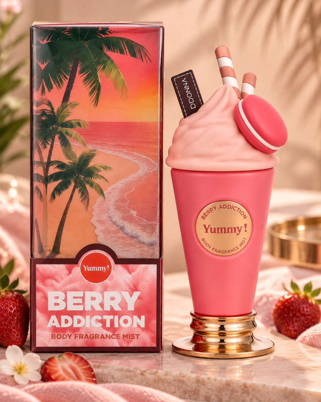 Bruma corporal Berry Addiction Yummy de D'DONNA con frasco rosa de diseño batido, base dorada y caja original