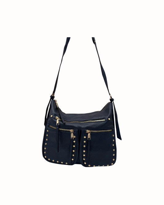 Bolso Bandolera Azul Marino con Tachuelas y Múltiples Bolsillos