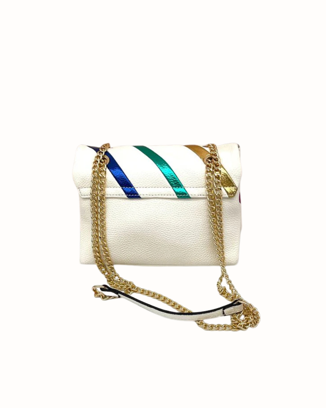 Bolso Bandolera de Piel Blanco Roto con Franjas Metalizadas y Cadena Dorada