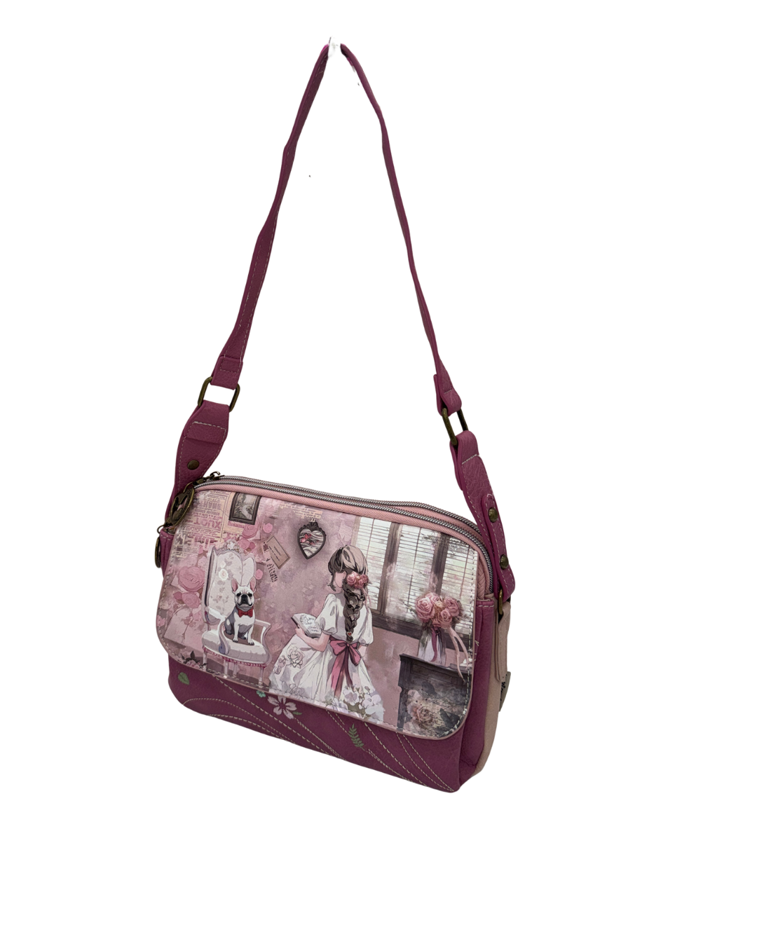 Bolso Bandolera Sweet Candy Vintage Rosa - Diseño Niña y Perrito con Doble Asa