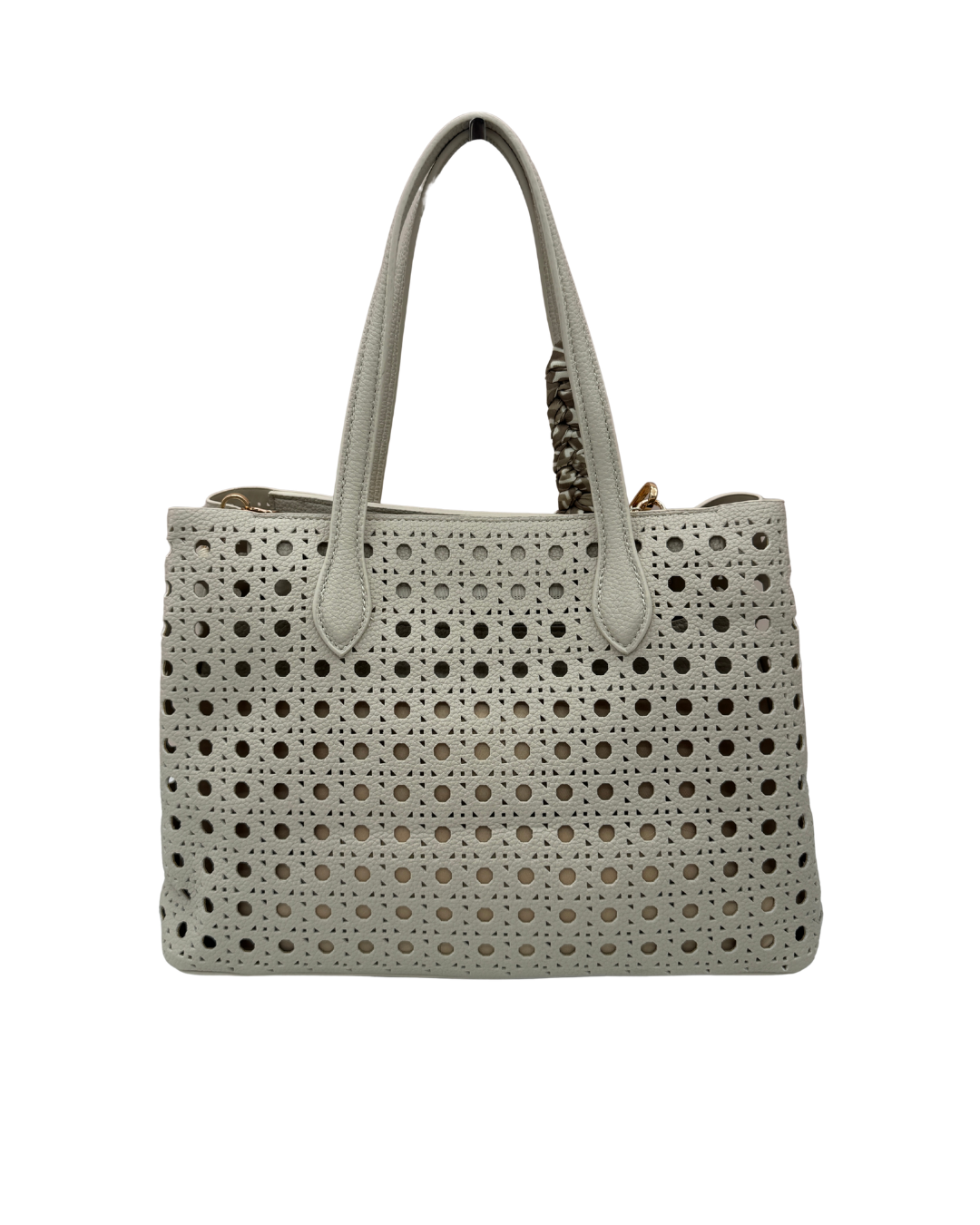 Bolso Tote Troquelado Blanco Roto con Pañuelo y Bandolera – Elegancia y Capacidad