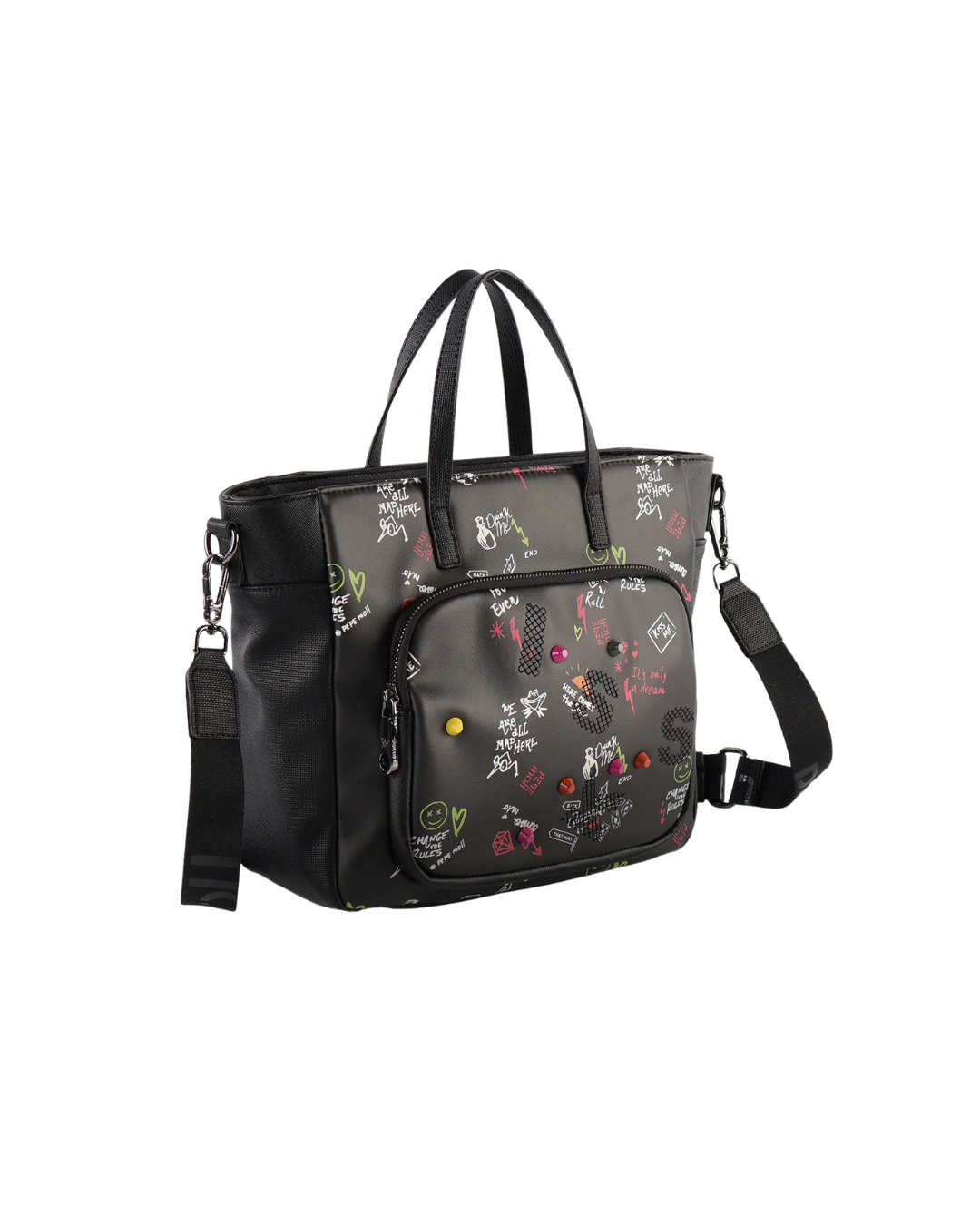 Bolso de Mano y Bandolera Pepe Moll para Mujer - Bolso Negro con Estampado y Asa Ajustable