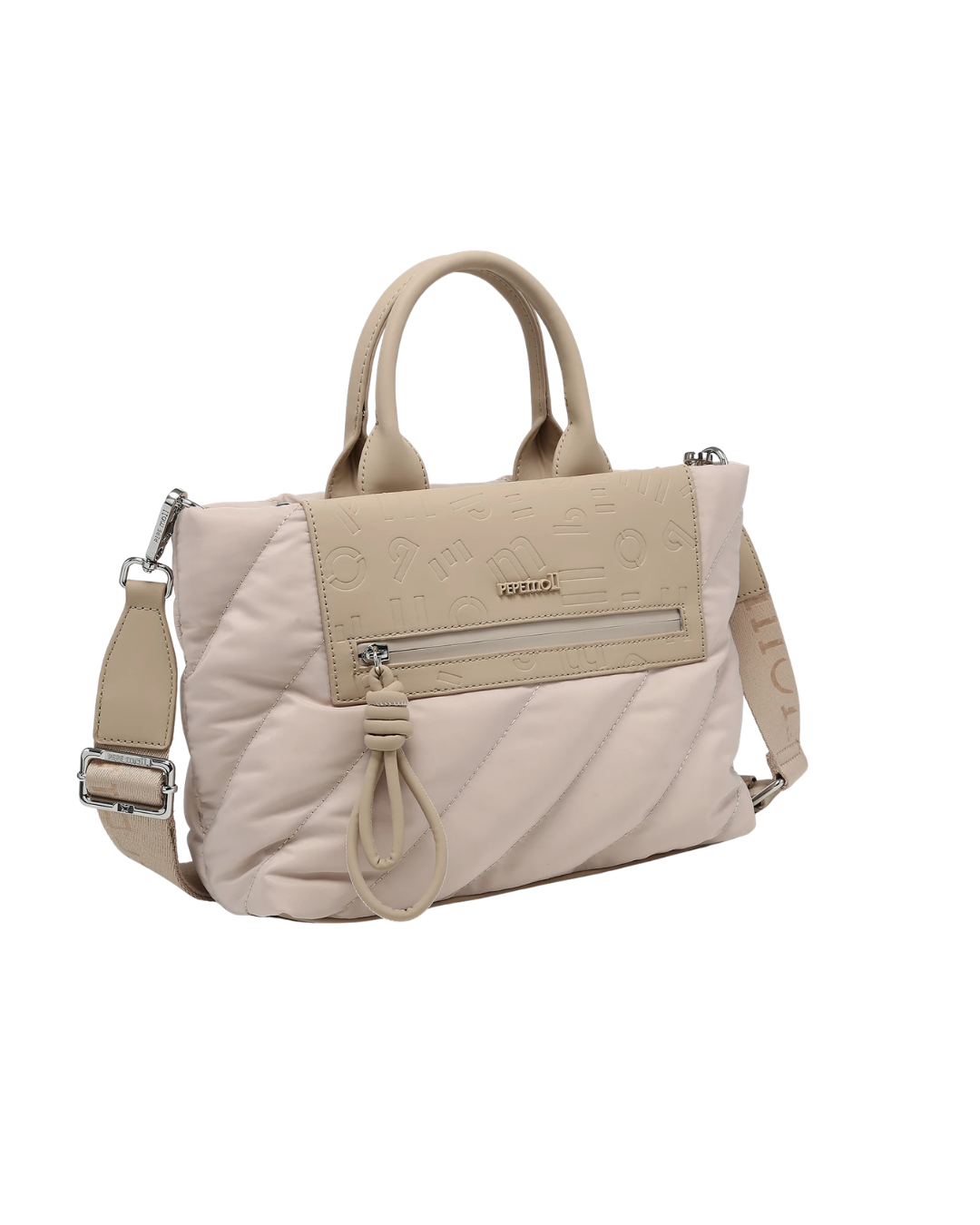 Bolso Pepe Moll Acolchado Beige con Doble Asa y Bandolera Logotipada de Mano y Bandolera