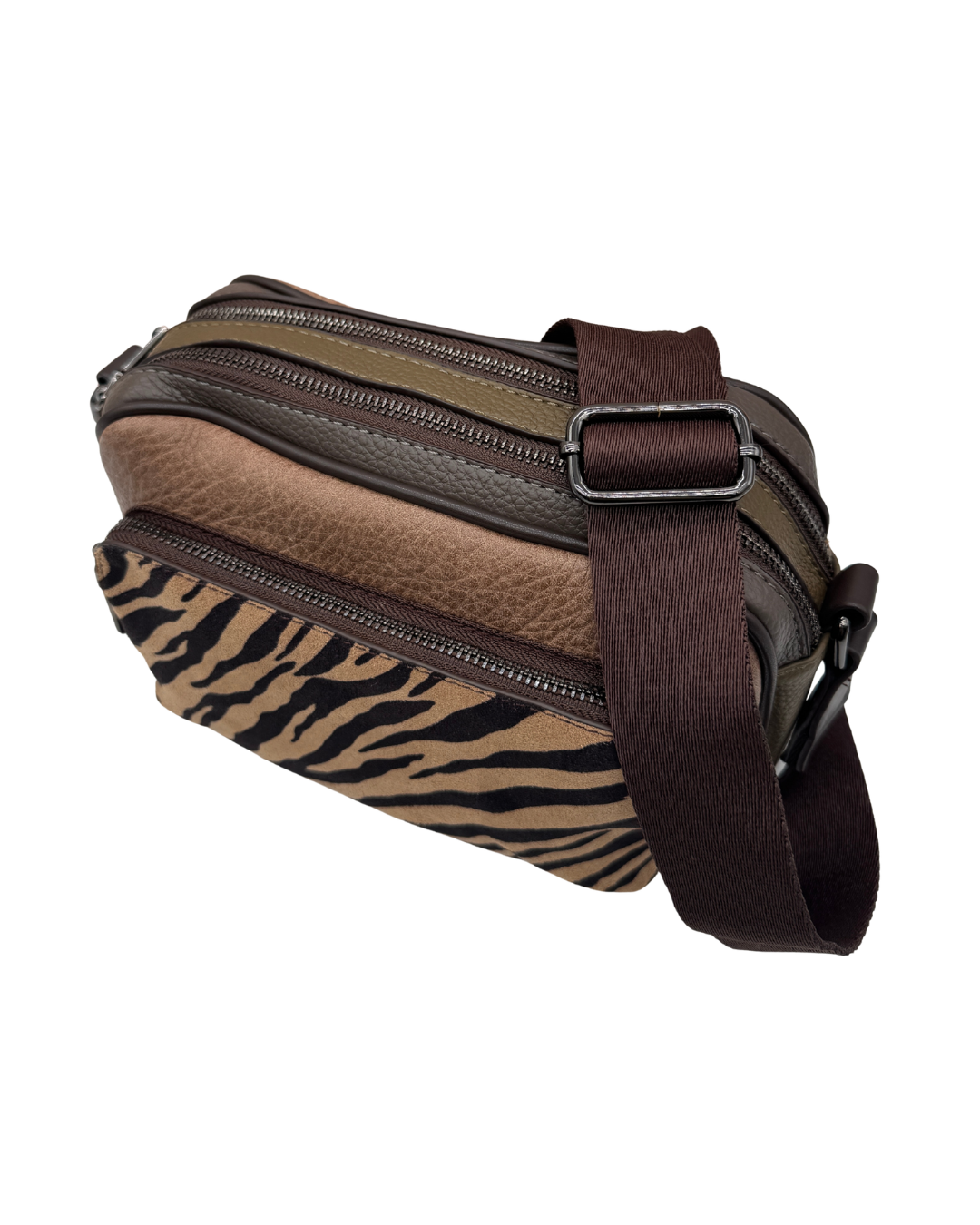 Bolso Bandolera de Piel Marrón con Estampado de Cebra para Mujer