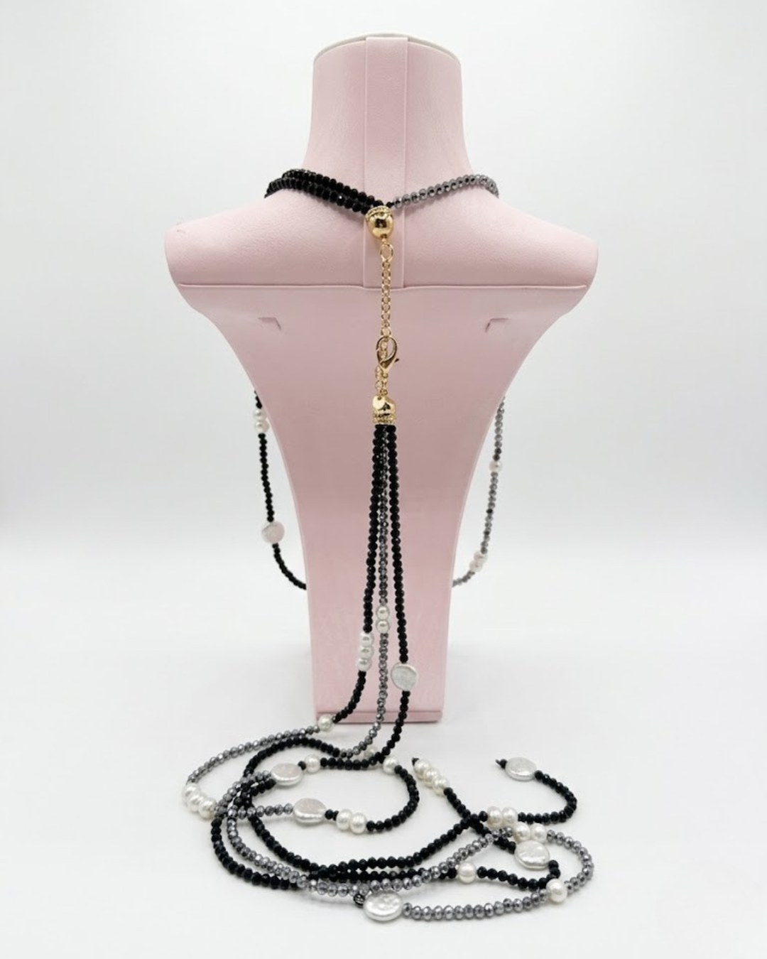 Collar Largo de Perlas y Cristales Negros - Versátil con Cierre Dorado - Joyería Elegante 2 en 1