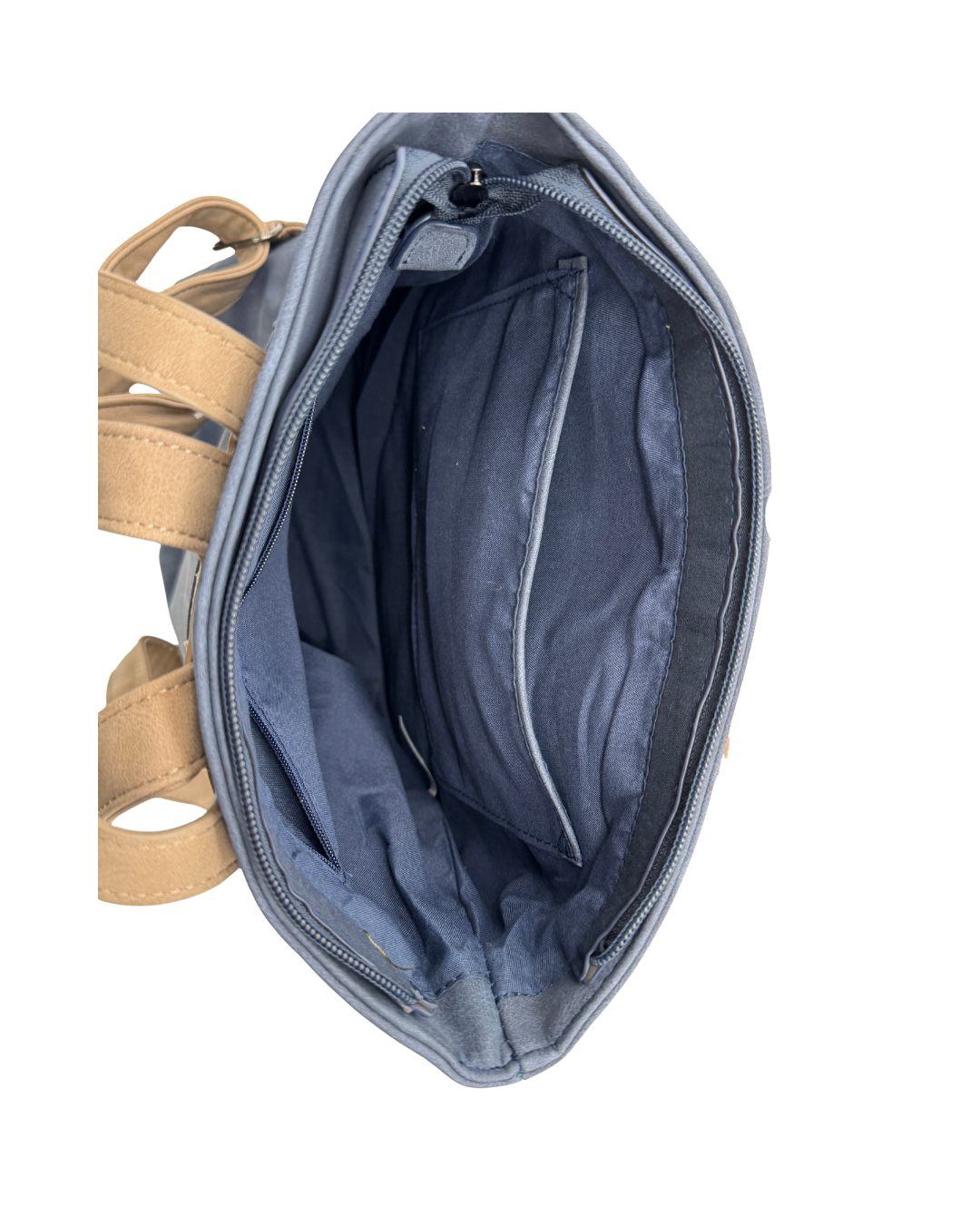 Bolso Mochila 2 en 1 de Cuero Sintético Azul con Detalles en Camel