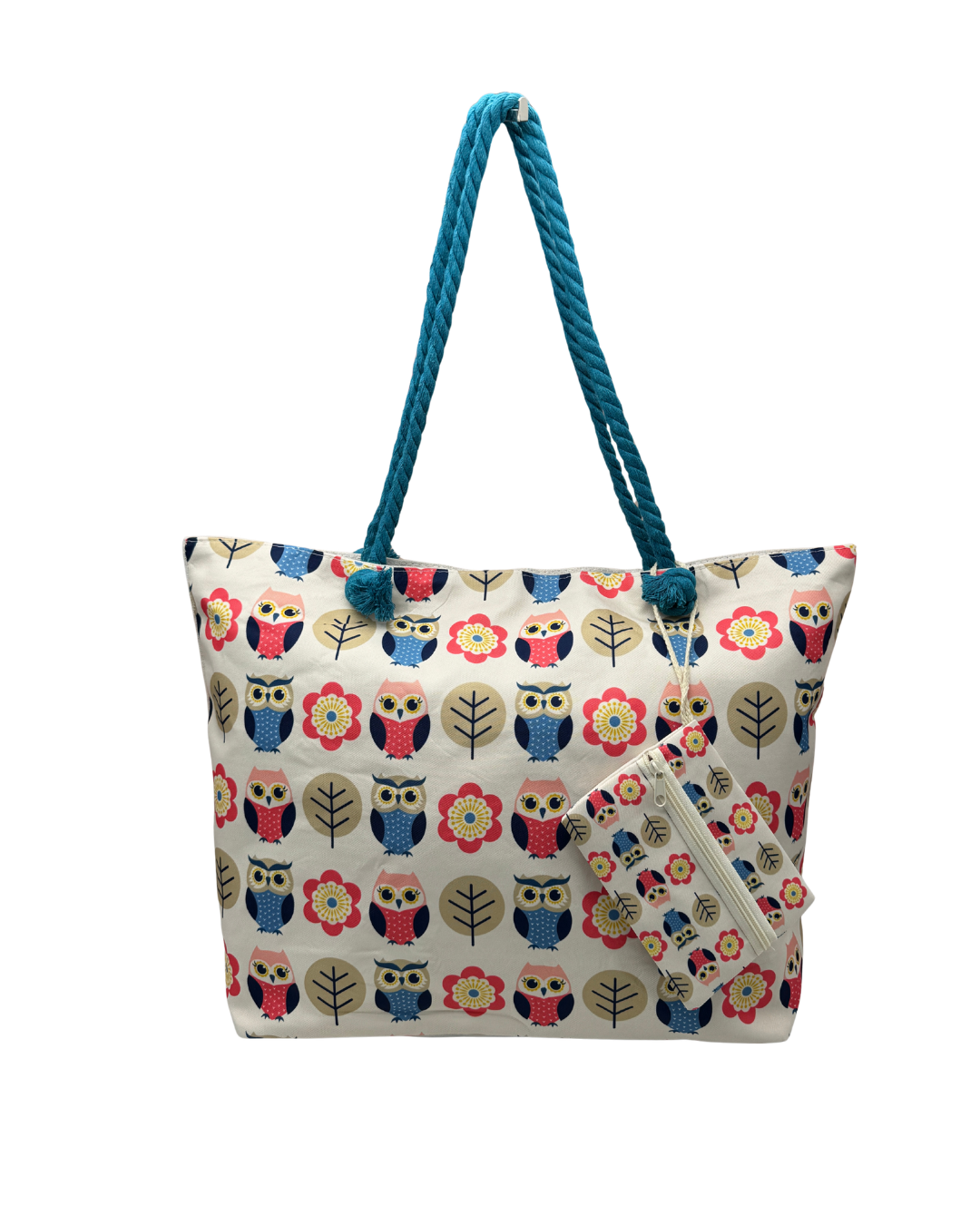Maxi Bolso de Playa en Loneta con Estampado de Búhos y Neceser a Juego