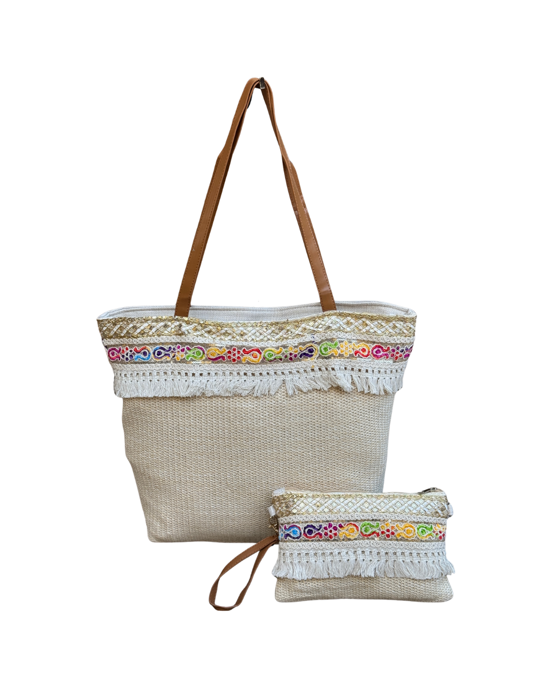 Set de Bolso de Playa en Loneta y Bolso de Mano a Juego - Diseño Boho con Flecos y Bordados Dorados