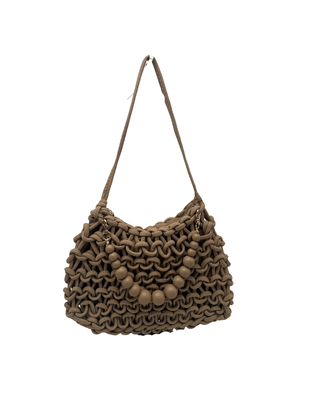 Bolso de Macramé en Cordón de Algodón Trenzado con Detalle Bolas madera – Color Arena (rafia)