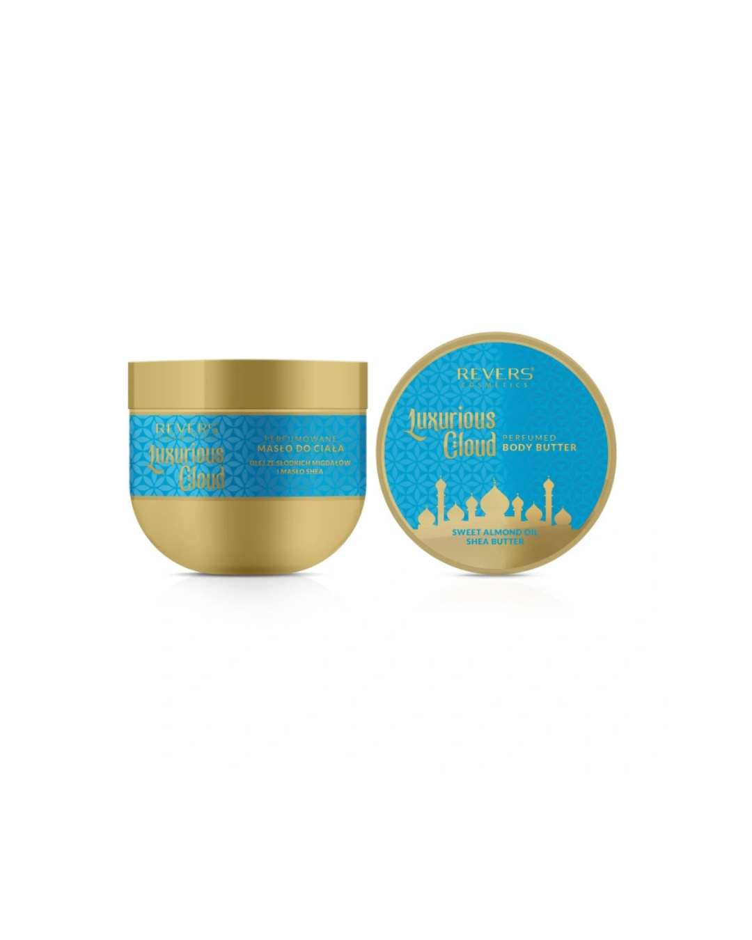 Tarro dorado y tapa azul de la manteca corporal perfumada Luxurious Cloud de Revers Cosmetics, con ingredientes de aceite de almendras dulces y manteca de karité.