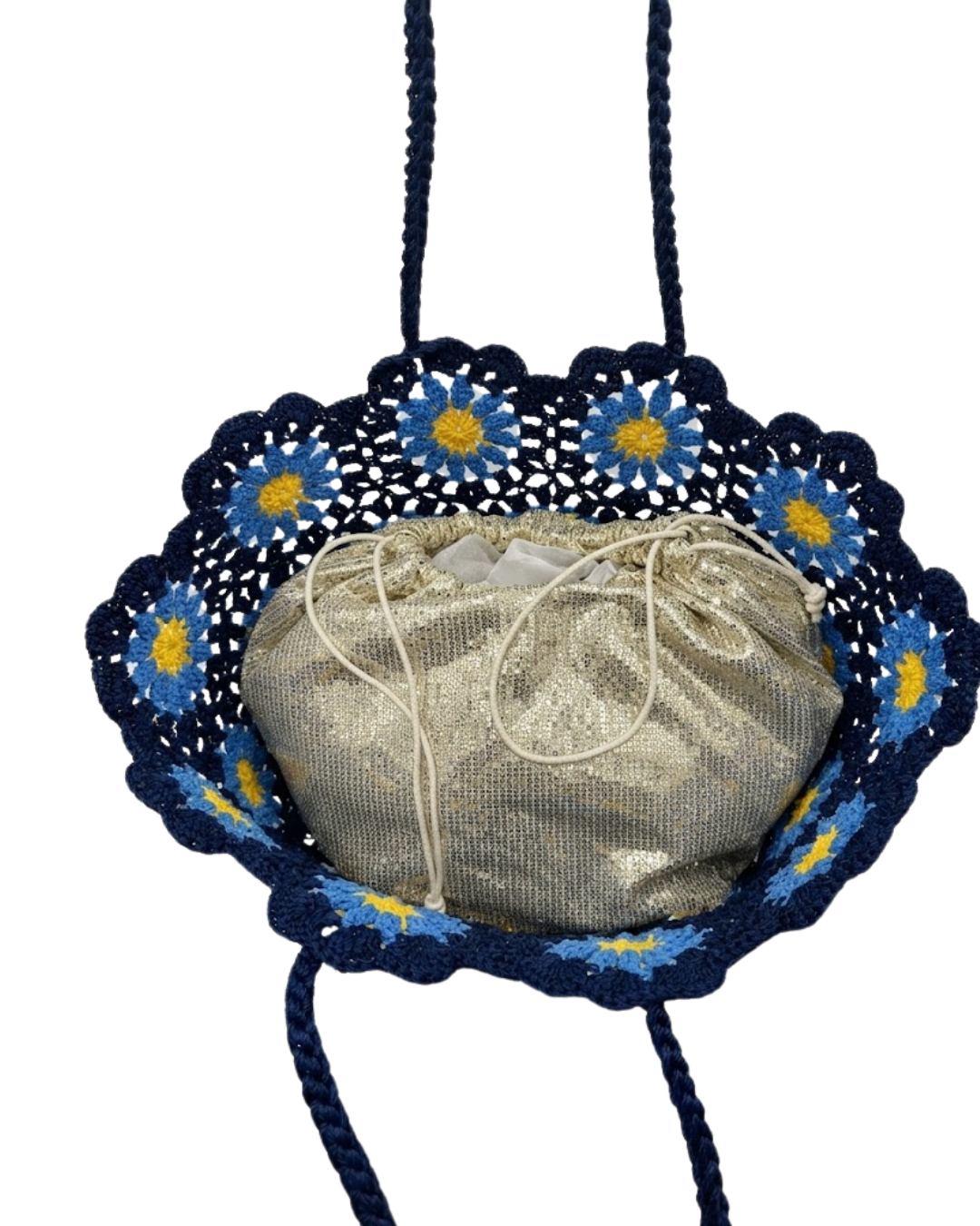 Bolso Capazo de Crochet Azul con Flores y Neceser Interior Dorado