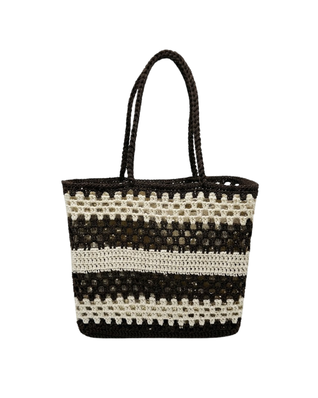 Bolso Tote de Crochet en Marrón y Blanco con Lentejuelas – Bolso de Hombro / Mano Artesanal (Rafia)