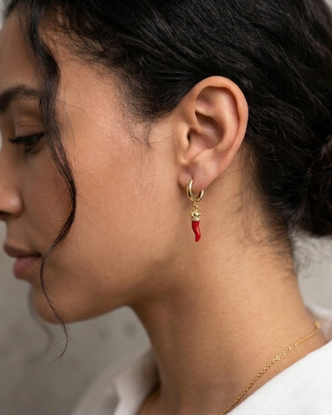 Pendientes Cuerno Italiano de la Suerte en Acero Inoxidable Dorado y Rojo | Cornicello