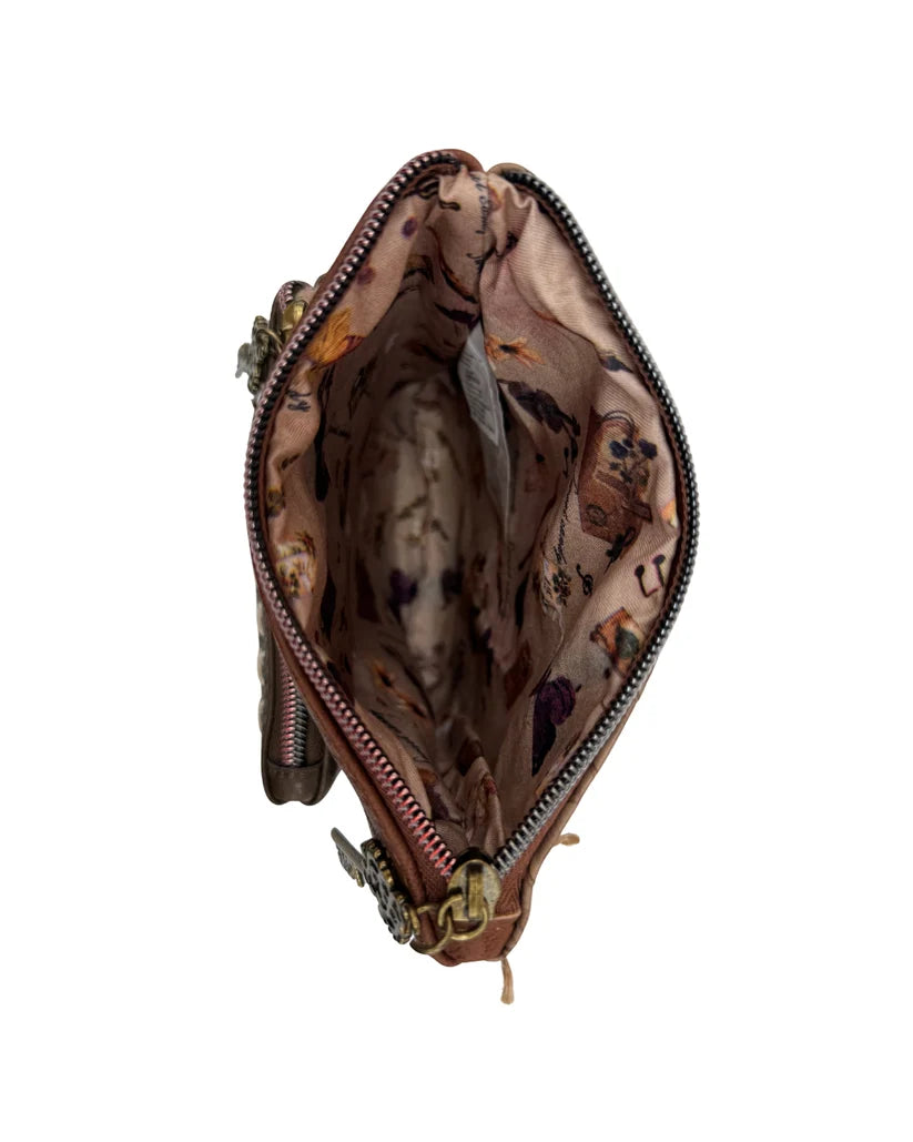Bandolera Sweet Candy Burdeos con Estampado Vintage y Multibolsillos