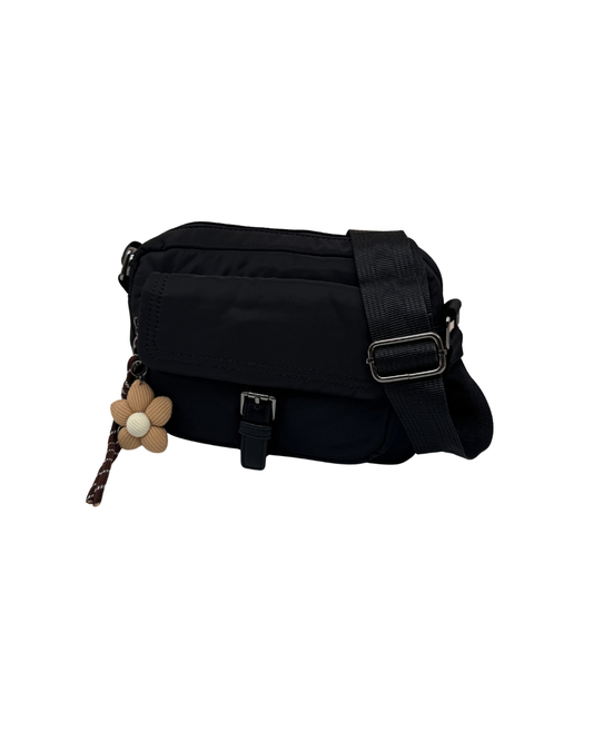 Bolso Bandolera Negro de Nylon con Correa Ancha y Bolsillo Frontal