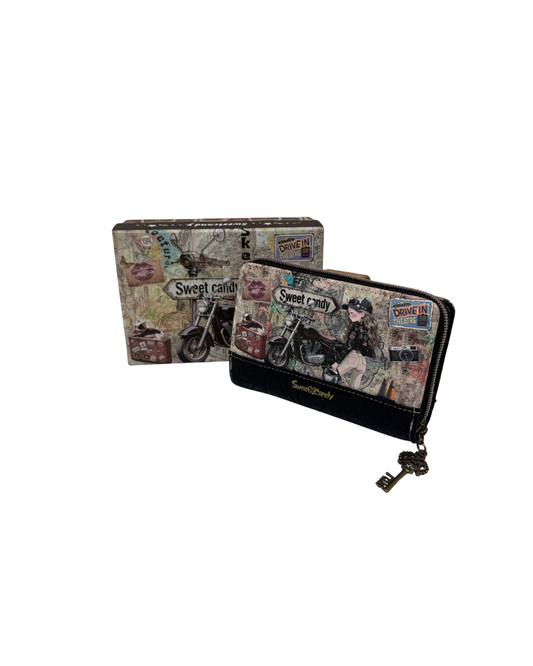 Cartera Sweet Candy Mujer Negra con Cremallera, Diseño Motero y Caja