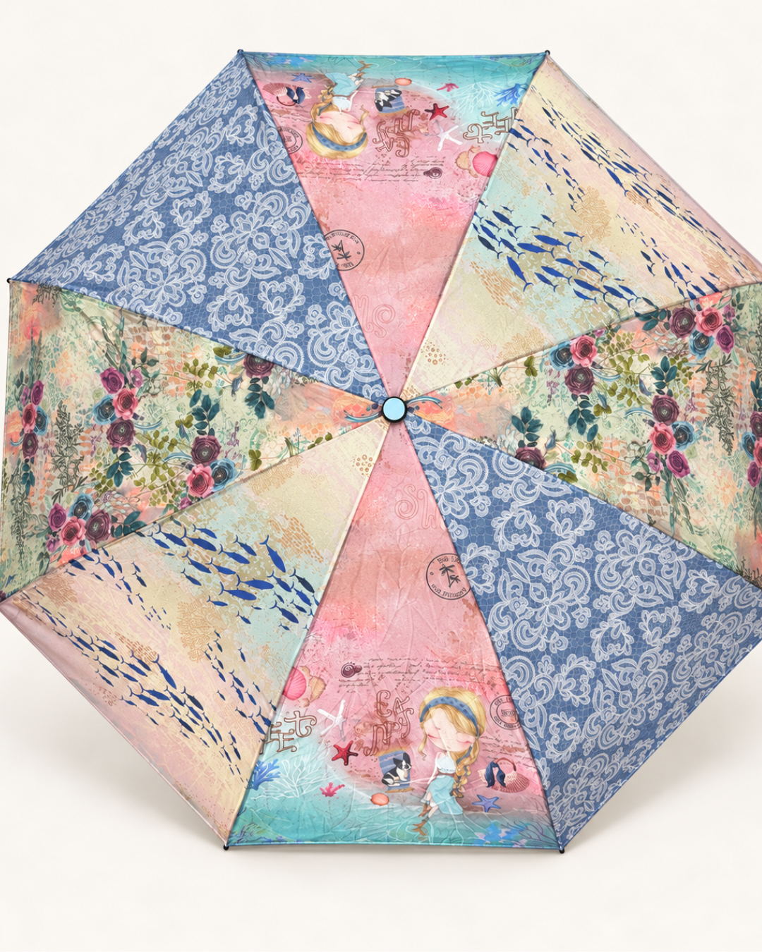 Paraguas plegable Sweet Candy con estampado marino y estuche