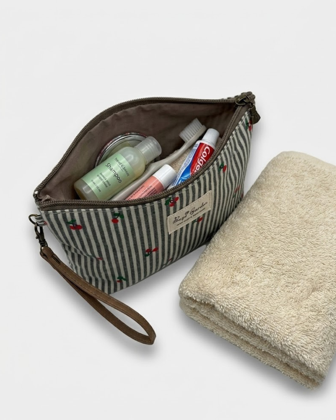 Neceser de Maquillaje de Tela con Estampado de Cerezas y Rayas – Bolsos Organizador de Cosméticos Bags Garden