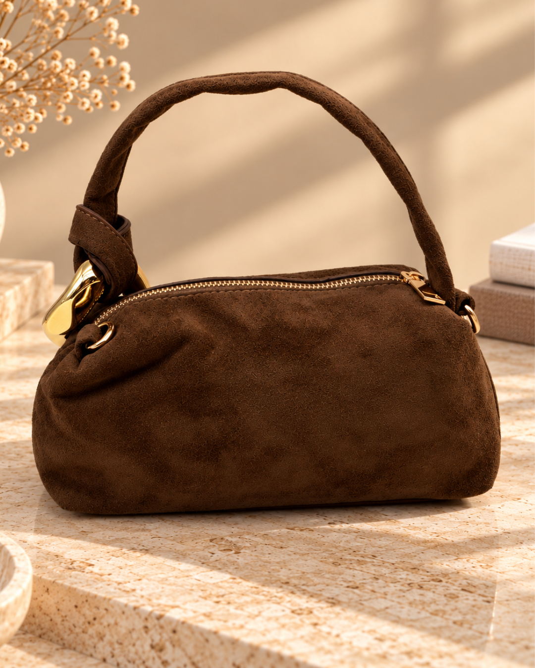 Bolso de Mano y Bandolera Marrón Efecto Ante con Detalles Dorados