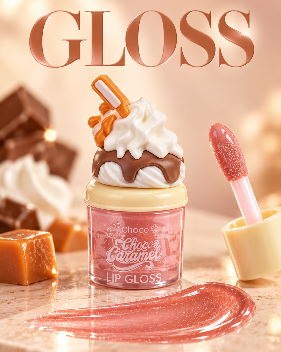 Gloss labial Choco Caramel rosa caramelo efecto cristal con brillo y original envase inspirado en chocolate nata y caramelo