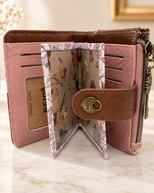 Interior abierto de cartera Sweet Candy rosa y marrón con ranuras para tarjetas, ventana transparente y fundas desplegables.