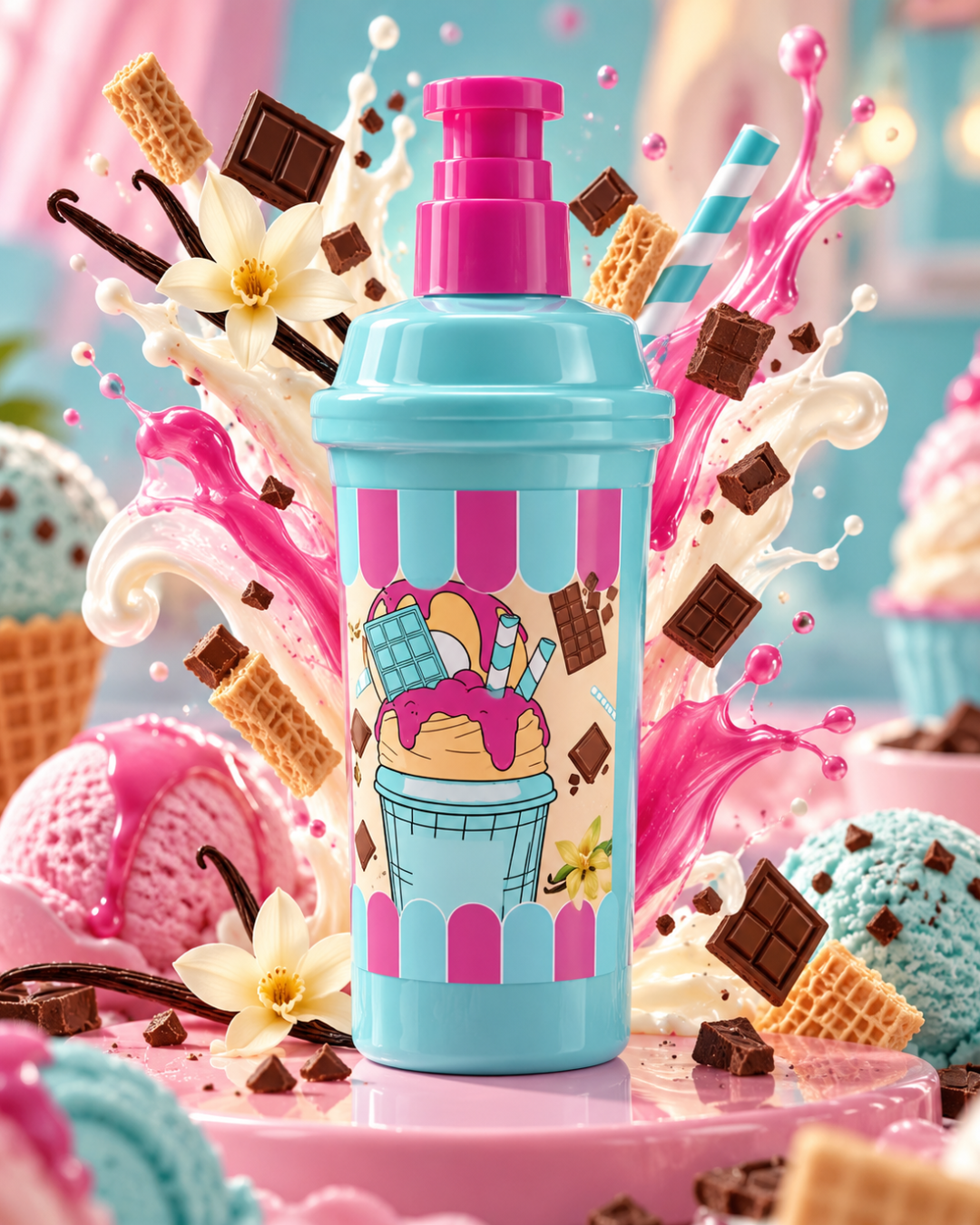 Loción corporal Sweet POP Vanilla to Smooth 500 ml con aroma a vainilla y chocolate en envase azul y rosa con dispensador