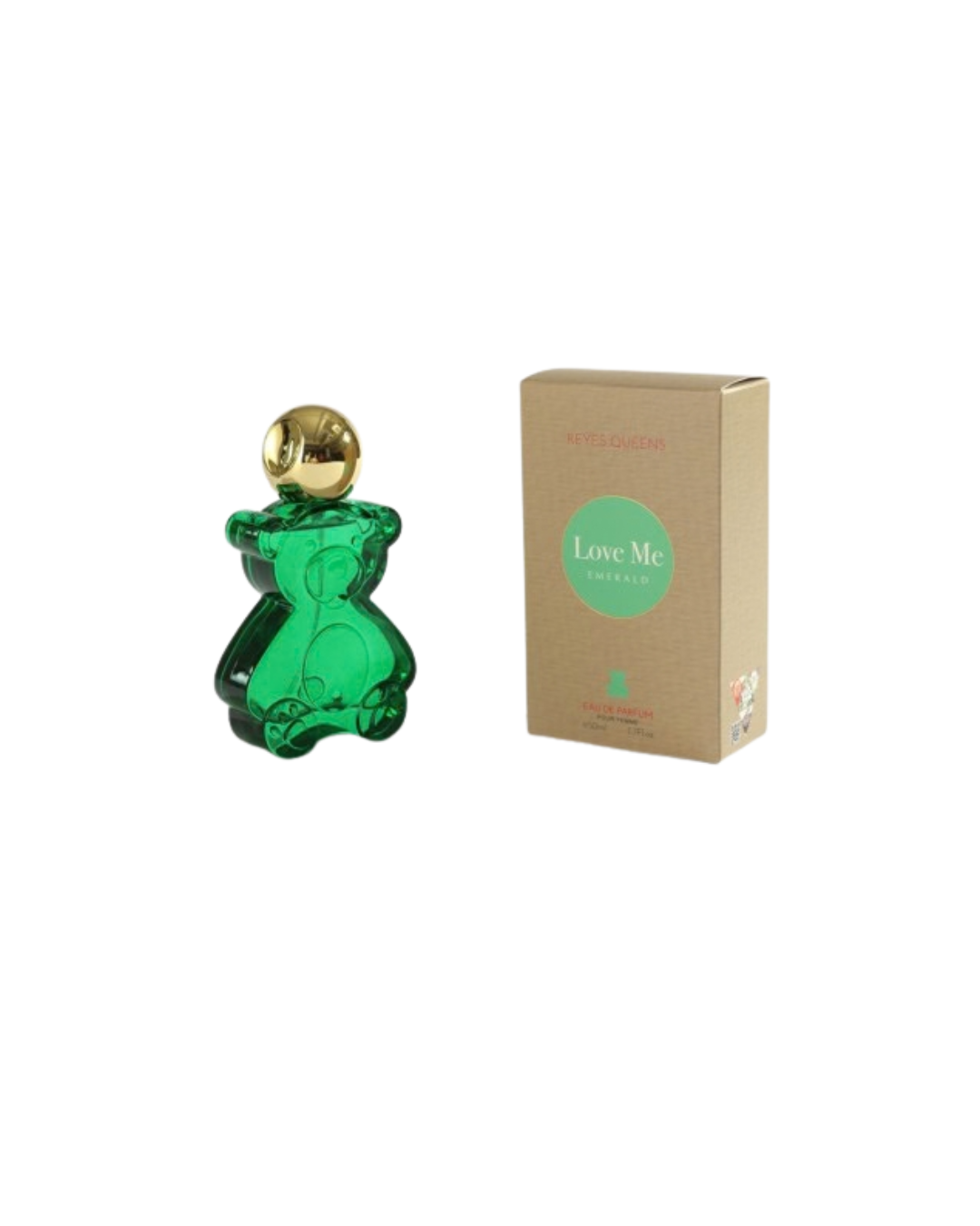 Perfume Osito Verde Love Me Emerald Reyes Queens 50 ml para mujer. Eau de Parfum floral y afrutado con original frasco de osito verde esmeralda.