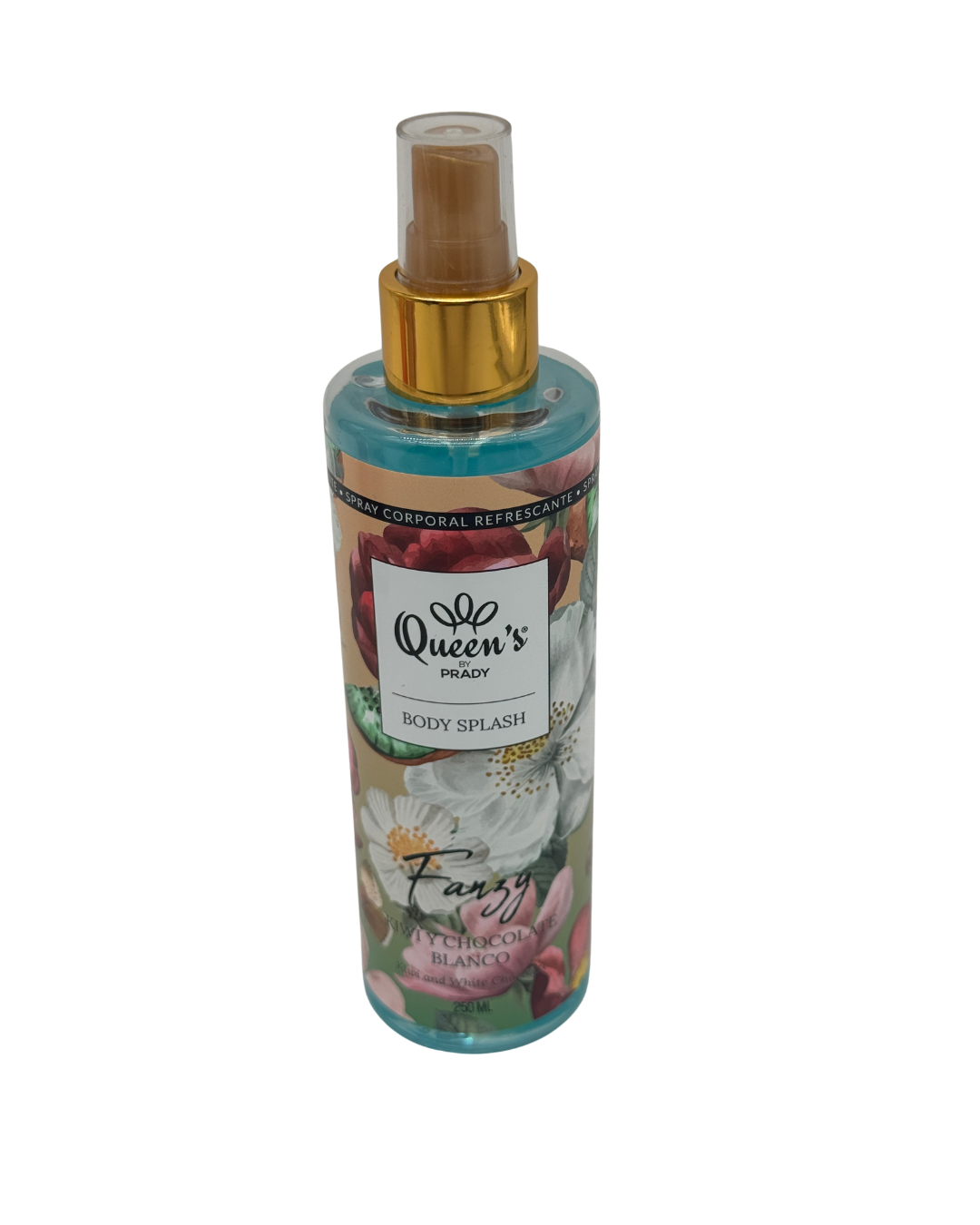 Body splash Fanzy Queen's by Prady de kiwi y chocolate blanco en envase de 250 ml con spray corporal refrescante.
