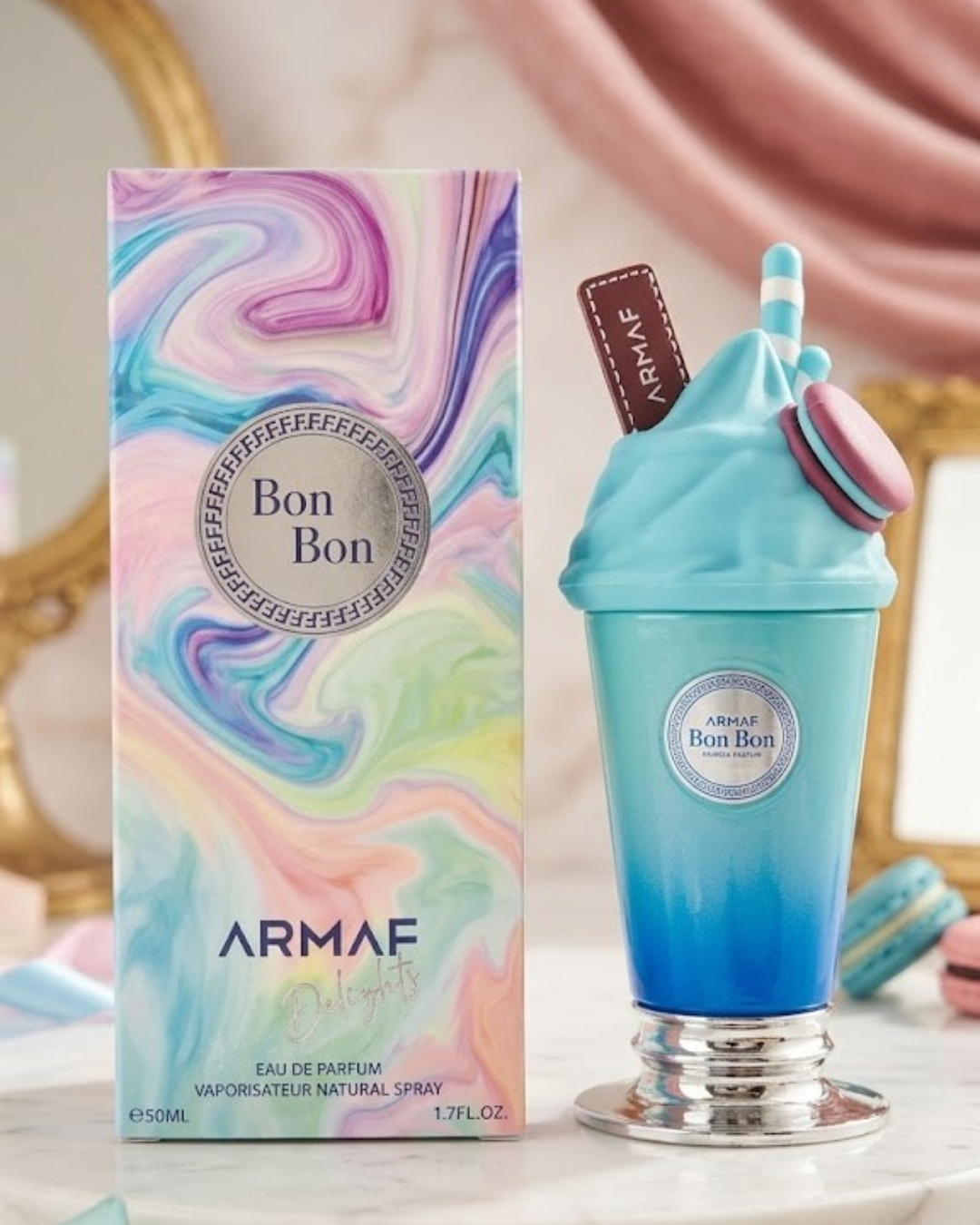 Perfume Armaf Delights Bonbon Eau de Parfum de 50ml con frasco en forma de helado azul y su caja pastel.