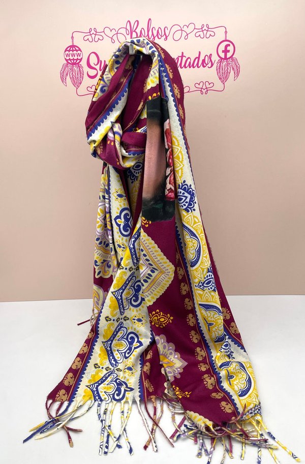 Pañuelo Tipo Pasmina Frida Kahlo Burdeos