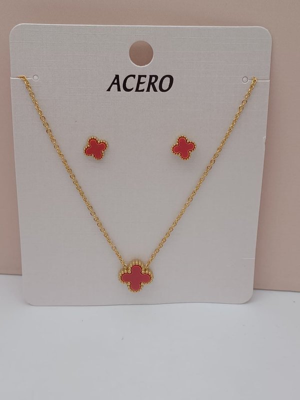 Conjunto Pendientes y Colgante Flor Roja