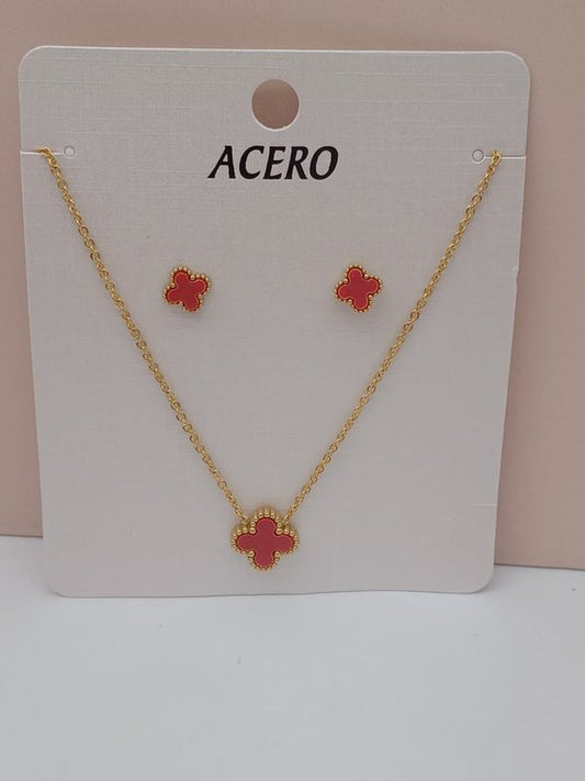 Conjunto Pendientes y Colgante Flor Roja