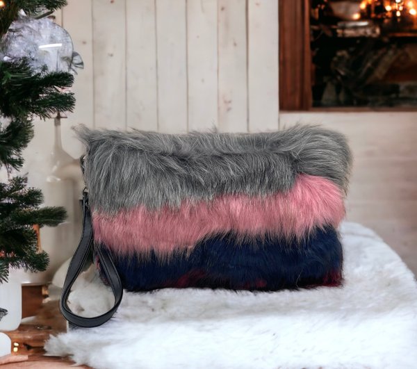 Bolso Pelito Tricolor, Gris, Rosa y Negro