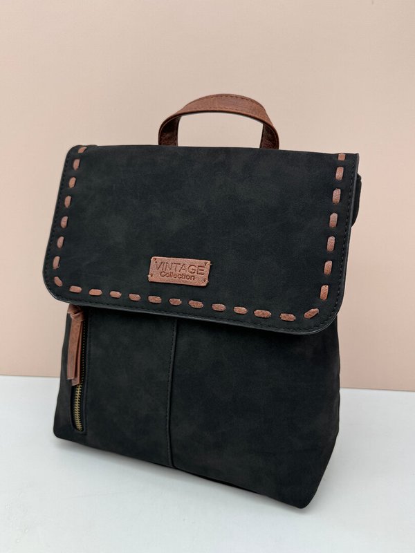 Mochila Ante Negra Solapa Boho Chic