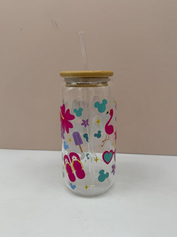 Taza Vidrio con Tapa y Pajita Minnie y Daysy