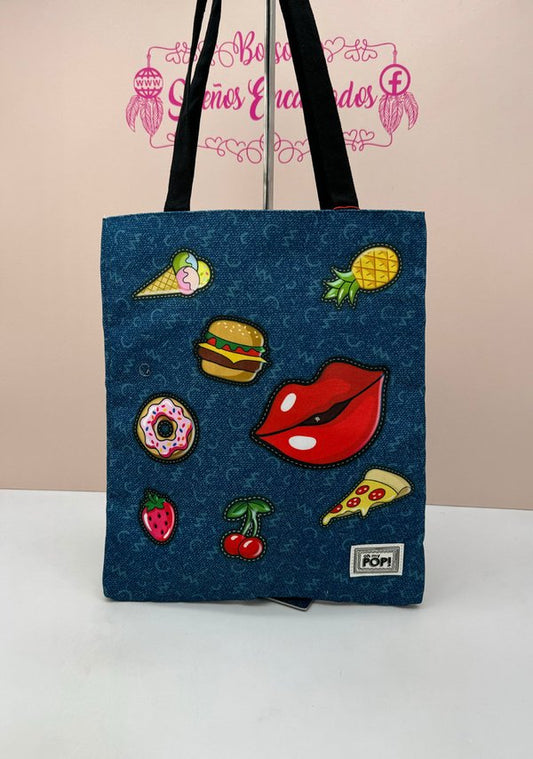 Bolso Tote Parches Oh My Pop!! Azul Oscuro