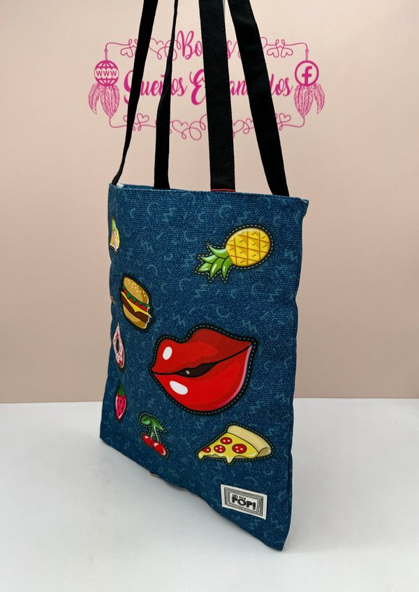 Bolso Tote Parches Oh My Pop!! Azul Oscuro