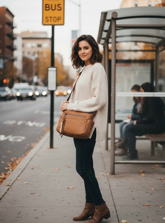 Bolso Bandolera Multicompartimentos Marrón