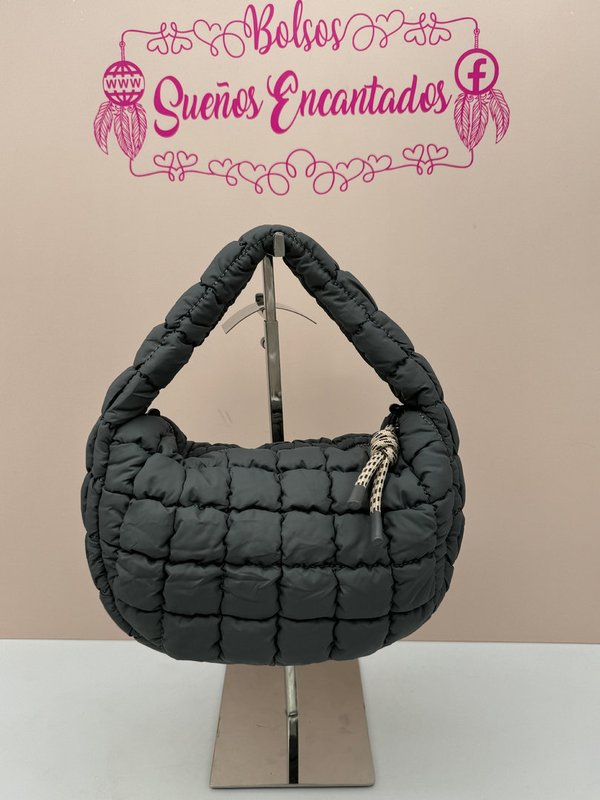 Bolso Acolchado Cuadros Gris Oscuro