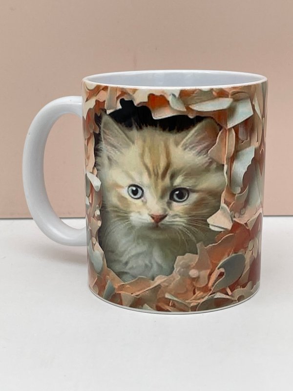 Taza Gatito con Hojas 3d