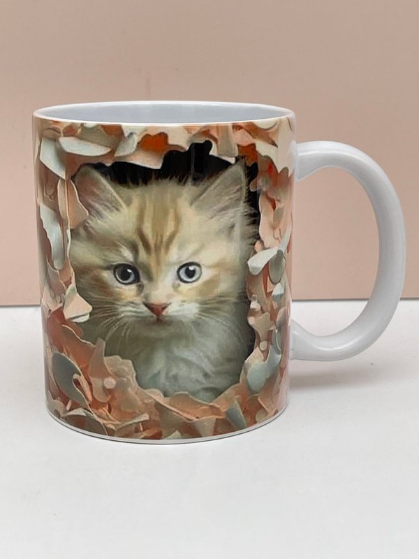 Taza Gatito con Hojas 3d