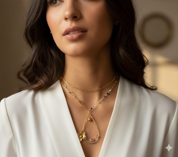 Collar Acero con Piedras y Flor Dorado