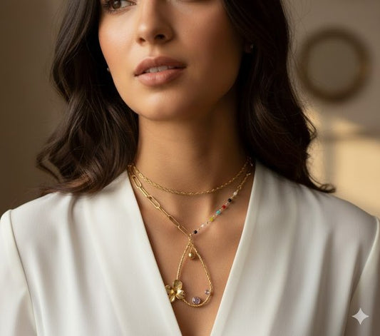 Collar Acero con Piedras y Flor Dorado