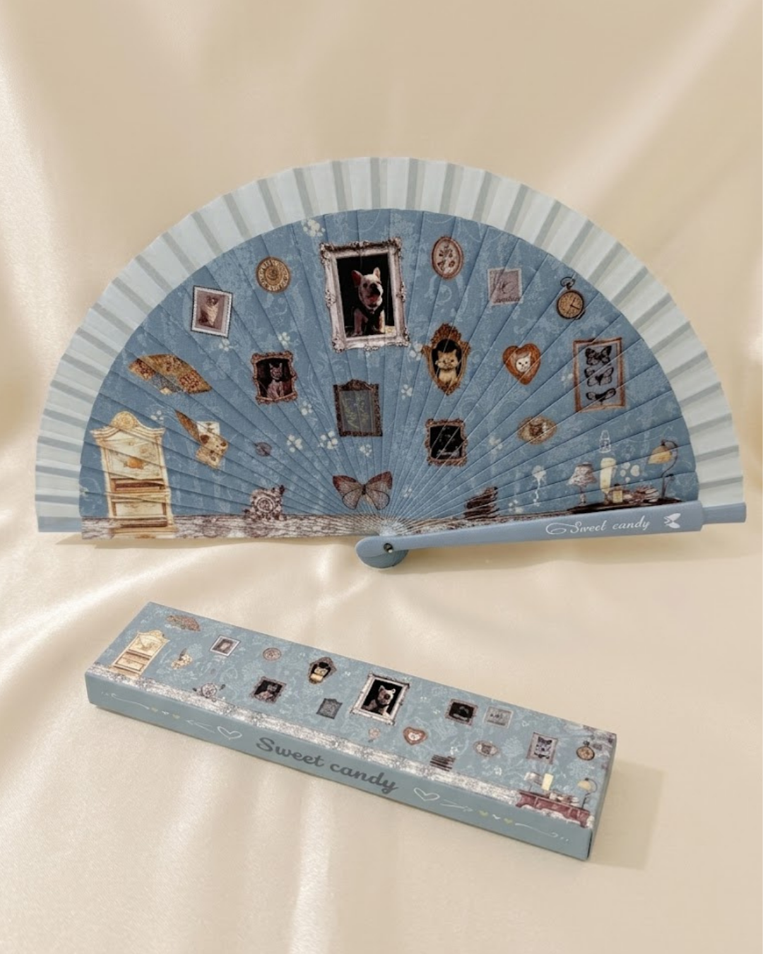 Abanico Sweet Candy edicion limitada estampado vintage con cuadros de mascotas y caja de regalo a juego