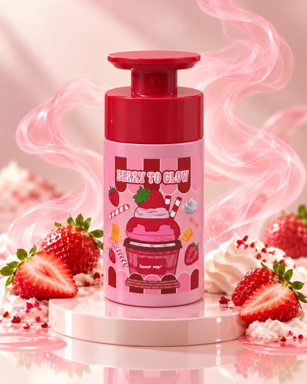Acondicionador Berry To Glow de fresa para suavizar el cabello y facilitar el desenredado en envase rosa